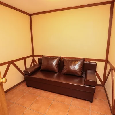 Небольшая комната с кожаным раскладным диваном — снять дом для банкета, база отдыха в Тюмени