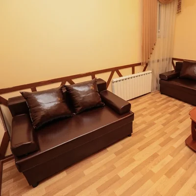 Комната отдыха с двумя кожаными диванами и журнальным столиком — снять дом для банкета, база отдыха Усадьба